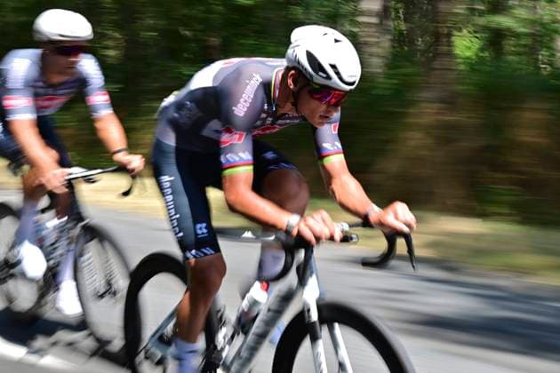 Tour de France 2025 Stage 9 CHATEAUROUX, FRANCE - JULY 13 : Rickaert Jonas (BEL) of Alpecin - Deceuninck,Van der Poel Mathieu (NED) of Alpecin - Deceuninck during stage 9 of the 112th edition of Tour de France an UCI World Tour 2.UWT cycling road race stage for Men Elite of 170 km with start in Chinon and finish in Chateauroux on July 13, 2025 in Chateauroux, France, 13 07 2025 ( Motordriver Kenny Verfaillie - Chateauroux France  Copyright: xPetexGodingx