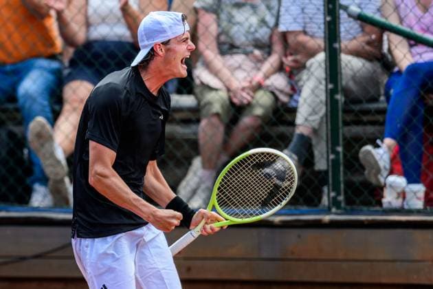 250713 Olle Wallin of Sweden celebrates during the qualifier tennis match at Nordea Open on July 13, 2025 in Bastad Photo Mathilda Schuler BILDBYRAN kod MA MA0845 tennis atp 250 nordea open bbeng kval sweden sverige jubel  Copyright: MATHILDAxSCHULER BB250713MA011