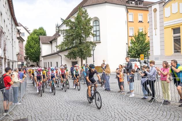 13 07 2025, Feldkirch, AUT, Tour of Austria 2025, Stage 5 from Feldkirch to Feldkirch 147.8 km , pictured Markel Beloki Fernandez ESP, EF EDUCATION EASYPOST , Nicolya Vinokurov KAZ, XDS ASTANA TEAM , Isaac Del Toro Romero MEX, UAE TEAM EMIRATES XRG , Andrew August USA, INEOS GRENADIERS , Felix Grossschartner AUT, UAE TEAM EMIRATES XRG , Manfred Rädler Mayor of Feldkirch , Start in Feldkirch Markel Beloki Fernandez ESP, EF EDUCATION EASYPOST , Nicolya Vinokurov KAZ, XDS ASTANA TEAM , Isaac Del Toro Romero MEX, UAE TEAM EMIRATES XRG , Andrew August USA, INEOS GRENADIERS , Felix Grossschartner AUT, UAE TEAM EMIRATES XRG , Manfred Rädler Mayor of Feldkirch , Start in Feldkirch during the stage 5 from Feldkirch to Feldkirch 147,8 km of the Tour of Austria Feldkirch, Austria on 2025 07 13 Expa Feldkirch EP_gro