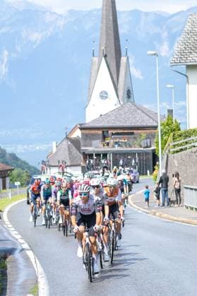13 07 2025, Feldkirch, AUT, Tour of Austria 2025, Stage 5 from Feldkirch to Feldkirch 147,8 km , in the picture Peloton near Laterns Peloton near Laterns during the stage 5 from Feldkirch to Feldkirch 147,8 km of the Tour of Austria Feldkirch, Austria on 2025 07 13 Expa Feldkirch  EP_gro