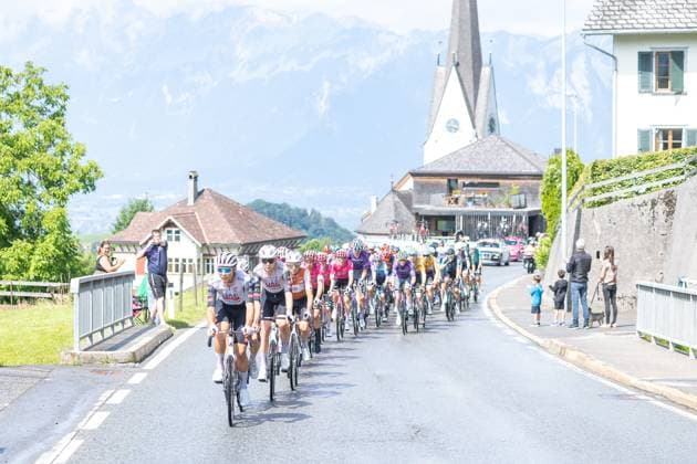 13 07 2025, Feldkirch, AUT, Tour of Austria 2025, Stage 5 from Feldkirch to Feldkirch 147,8 km , in the picture Peloton near Laterns Peloton near Laterns during the stage 5 from Feldkirch to Feldkirch 147,8 km of the Tour of Austria Feldkirch, Austria on 2025 07 13 Expa Feldkirch  EP_gro