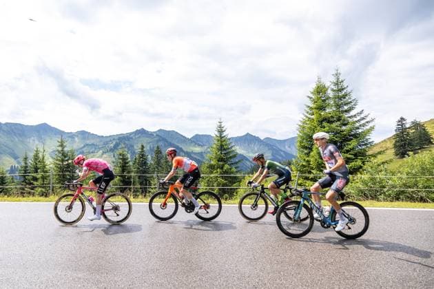 13 07 2025, Feldkirch, AUT, Tour of Austria 2025, Stage 5 from Feldkirch to Feldkirch 147.8 km , pictured Sean Quinn USA, EF EDUCATION EASYPOST , Bob Jungels LUX, INEOS GRENADIERS , Riccardo Zoidl AUT, Hrinkow Advarics , Archie Ryan IRL, EF EDUCATION EASYPOST Sean Quinn USA, EF EDUCATION EASYPOST , Bob Jungels LUX, INEOS GRENADIERS , Riccardo Zoidl AUT, Hrinkow Advarics , Archie Ryan IRL, EF EDUCATION EASYPOST during the stage 5 from Feldkirch to Feldkirch 147,8 km of the Tour of Austria Feldkirch, Austria on 2025 07 13 Expa Feldkirch EP_gro