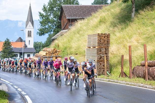 13 07 2025, Feldkirch, AUT, Tour of Austria 2025, Stage 5 from Feldkirch to Feldkirch 147,8 km , pictured Peloton at Innerlaterns Peloton at Innerlaterns during the stage 5 from Feldkirch to Feldkirch 147,8 km of the Tour of Austria Feldkirch, Austria on 2025 07 13 Expa Feldkirch  EP_gro