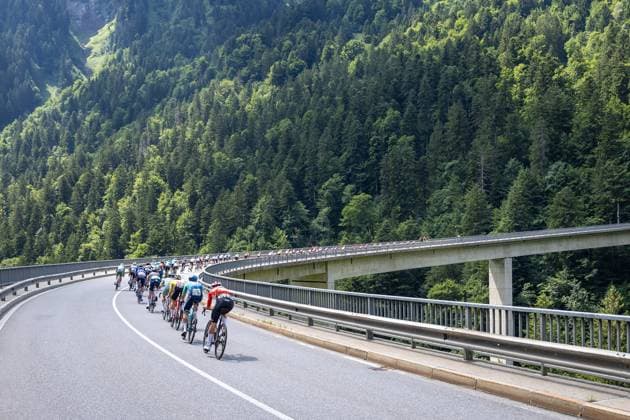 13 07 2025, Feldkirch, AUT, Tour of Austria 2025, Stage 5 from Feldkirch to Feldkirch 147,8 km , in the picture Peleton bridge near Ludesch Peleton bridge near Ludesch during the stage 5 from Feldkirch to Feldkirch 147,8 km of the Tour of Austria Feldkirch, Austria on 2025 07 13 Expa Feldkirch  EP_gro