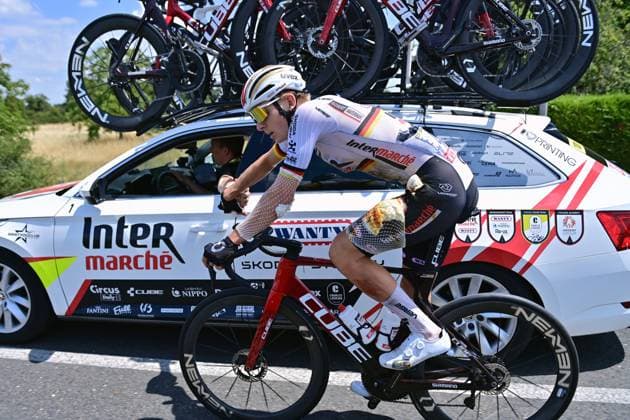 German Georg Zimmerman of Intermarche-Wanty pictured during stage nine of the 2025 Tour de France cycling, from Chinon to Chateauroux (170 km), on Sunday 13 July 2025 in France. The 112th edition of the Tour de France starts on Saturday 5 July in Lille, France, and will finish in Paris, France on the 27th of July. POOLxxPOOLxPETExGODING  x129075607x