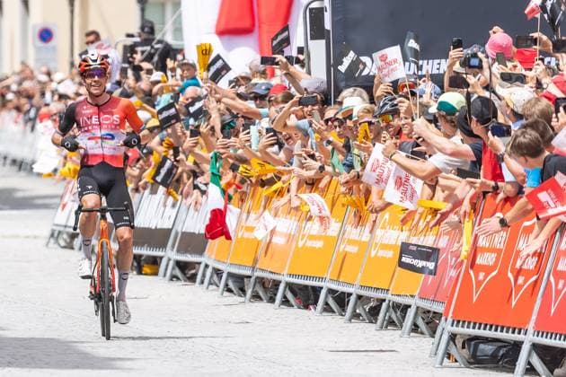 13 07 2025, Feldkirch, AUT, Tour of Austria 2025, Stage 5 from Feldkirch to Feldkirch 147,8 km , in the picture stage winner Bob Jungels LUX, INEOS GRENADIERS Stage winner Bob Jungels LUX, INEOS GRENADIERS during the stage 5 from Feldkirch to Feldkirch 147,8 km of the Tour of Austria Feldkirch, Austria on 2025 07 13 Expa Feldkirch EP_gro