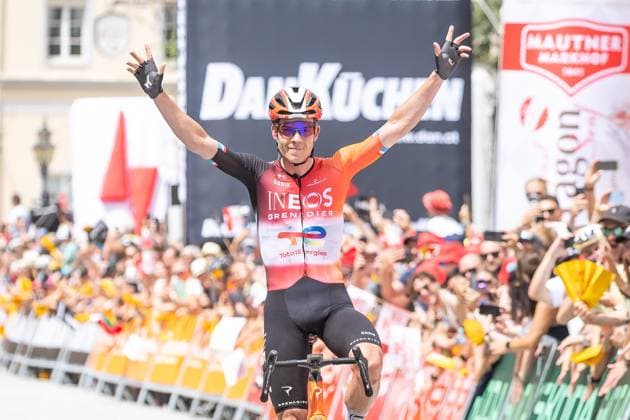 13 07 2025, Feldkirch, AUT, Tour of Austria 2025, Stage 5 from Feldkirch to Feldkirch 147,8 km , in the picture stage winner Bob Jungels LUX, INEOS GRENADIERS Stage winner Bob Jungels LUX, INEOS GRENADIERS during the stage 5 from Feldkirch to Feldkirch 147,8 km of the Tour of Austria Feldkirch, Austria on 2025 07 13 Expa Feldkirch EP_gro