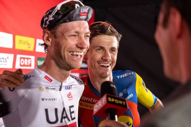 13 07 2025, Feldkirch, AUT, Tour of Austria 2025, Stage 5 from Feldkirch to Feldkirch 147,8 km , in the picture Felix Grossschartner AUT, UAE TEAM EMIRATES XRG , Patrick Konrad AUT, LIDL TREK Felix Grossschartner AUT, UAE TEAM EMIRATES XRG , Patrick Konrad AUT, LIDL TREK during the stage 5 from Feldkirch to Feldkirch 147,8 km of the Tour of Austria Feldkirch, Austria on 2025 07 13 Expa Feldkirch EP_gro