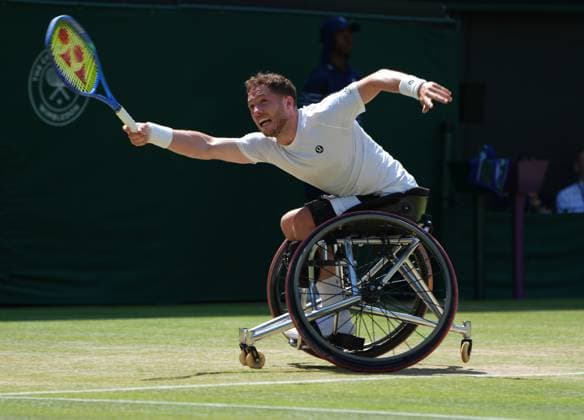 Tennis - 2025 Wimbledon Championships - Mens singles Wheelchair Final - Alfie Hewitt (GBR) v Tokito Oda (Japan) All England Lawn Tennis & Croquet Club - Sunday 13th July 2025 Alfie Hewitt (GBR) 