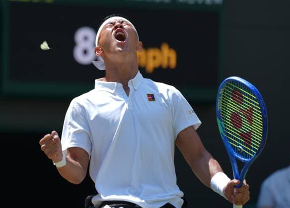 Tennis - 2025 Wimbledon Championships - Mens singles Wheelchair Final - Alfie Hewitt (GBR) v Tokito Oda (Japan) All England Lawn Tennis & Croquet Club - Sunday 13th July 2025 Tokito Oda (Japan) celebrates a point 