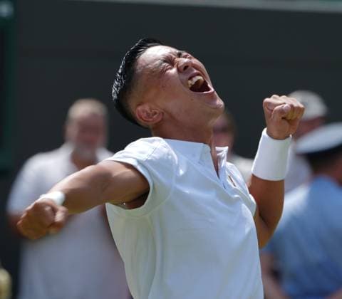 Tennis - 2025 Wimbledon Championships - Mens singles Wheelchair Final - Alfie Hewitt (GBR) v Tokito Oda (Japan) All England Lawn Tennis & Croquet Club - Sunday 13th July 2025 Tokito Oda (Japan) celebrates winning match point 