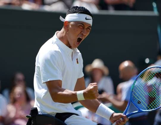 Tennis - 2025 Wimbledon Championships - Mens singles Wheelchair Final - Alfie Hewitt (GBR) v Tokito Oda (Japan) All England Lawn Tennis & Croquet Club - Sunday 13th July 2025 Tokito Oda (Japan) celebrates a point 