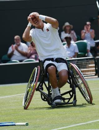 Tennis - 2025 Wimbledon Championships - Mens singles Wheelchair Final - Alfie Hewitt (GBR) v Tokito Oda (Japan) All England Lawn Tennis & Croquet Club - Sunday 13th July 2025 Tokito Oda (Japan) celebrates winning match point 