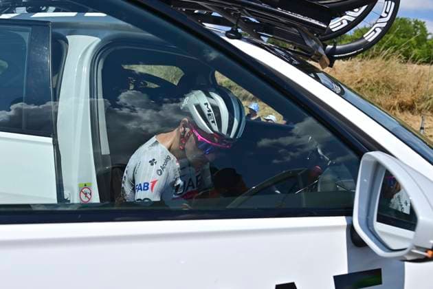Tour de France 2025 Stage 9 CHATEAUROUX, FRANCE - JULY 13 : Almeida Joao (POR) of UAE Team Emirates abandoned the race during stage 9 of the 112th edition of Tour de France an UCI World Tour 2.UWT cycling road race stage for Men Elite of 170 km with start in Chinon and finish in Chateauroux on July 13, 2025 in Chateauroux, France, 13 07 2025 ( Motordriver Kenny Verfaillie - Chateauroux France  Copyright: xPetexGodingx