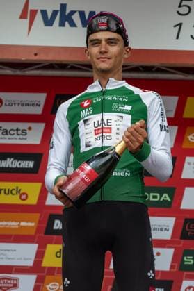 CYCLING - Tour of Austria 2025 FELDKIRCH,AUSTRIA,13.JUL.25 - CYCLING - Tour of Austria, stage 5, Feldkirch - Feldkirch. Image shows Isaac Del Torro Romero (MEX UAE Team Emirates XRG) with the bip for rider with the most points.  GEPAxpictures xOliverxLerch