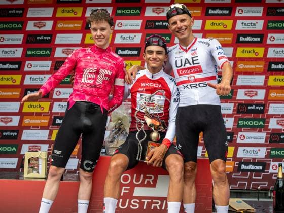 CYCLING - Tour of Austria 2025 FELDKIRCH,AUSTRIA,13.JUL.25 - CYCLING - Tour of Austria, stage 5, Feldkirch - Feldkirch. Image shows the podium of the tour 2025: Archie Ryan (IRL EF Education - Easypost), Isaac Del Torro Romero (MEX UAE Team Emirates XRG) and Rafal Majka (POL UAE Team Emirates XRG).  GEPAxpictures xOliverxLerch
