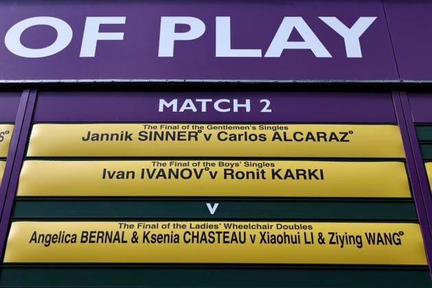 Sport Bilder des Tages 13th July 2025; All England Lawn Tennis and Croquet Club, London, England; Wimbledon Tennis Tournament, Day 14; Order of Play board displaying the Gentlemen& x2019;s Singles Final featuring Jannik Sinner (ITA) vs Carlos Alcaraz (ESP) outside Centre Court  ActionPlus12813038 JohnxPatrickxFletcher