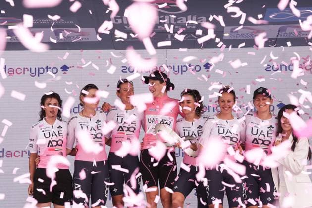 Longo Borghini Elisa and her team on the podium after the 8th stage of the Giro d’Italia Women, from Forlì to Imola (Autodromo Enzo e Dino Ferrari), Italy Sunday, July 13, 2025. - cycling .  Copyright: xMassimoxPaolone LaPressex