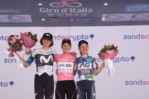 Longo Borghini Elisa,Marlen Reusser and Sarah Giagante on the podium after the 8th stage of the Giro d’Italia Women, from Forlì to Imola (Autodromo Enzo e Dino Ferrari), Italy Sunday, July 13, 2025. - cycling .  Copyright: xMassimoxPaolone LaPressex