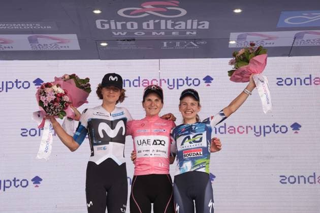Longo Borghini Elisa,Marlen Reusser and Sarah Giagante on the podium after the 8th stage of the Giro d’Italia Women, from Forlì to Imola (Autodromo Enzo e Dino Ferrari), Italy Sunday, July 13, 2025. - cycling .  Copyright: xMassimoxPaolone LaPressex