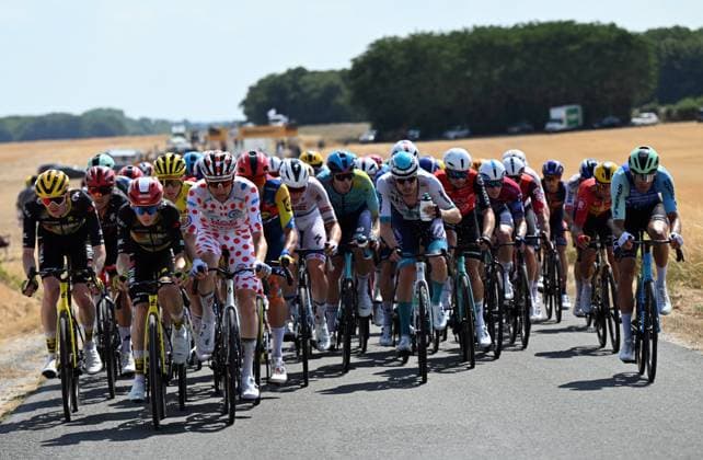 the pack of the riders pictured in action during stage nine of the 2025 Tour de France cycling, from Chinon to Chateauroux (170 km), on Sunday 13 July 2025 in France. The 112th edition of the Tour de France starts on Saturday 5 July in Lille, France, and will finish in Paris, France on the 27th of July. POOLxxPOOLxPETExGODING  x129080847x