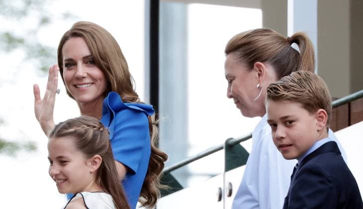 Catherine,Princess of Wales and daughter Princess Charlotte and Prince George walk towards the Royal Box before the Wimbledon Men s Singles match on day fourteen of the 2025 Wimbledon Championships in London on Sunday, July 13, 2025.  LON2025071318 HUGOxPHILPOTT