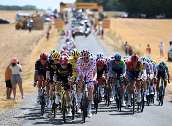 Danish Jonas Vingegaard Hansen of Team Visma-Lease a Bike, Slovenian Tadej Pogacar of UAE Team Emirates, Belgian Tim Wellens of UAE Team Emirates, Belgian Jasper Stuyven of Lidl-Trek and Belgian Tim Merlier of Soudal Quick-Step pictured in action during stage nine of the 2025 Tour de France cycling, from Chinon to Chateauroux (170 km), on Sunday 13 July 2025 in France. The 112th edition of the Tour de France starts on Saturday 5 July in Lille, France, and will finish in Paris, France on the 27th of July. POOLxxPOOLxPETExGODING  x129081265x