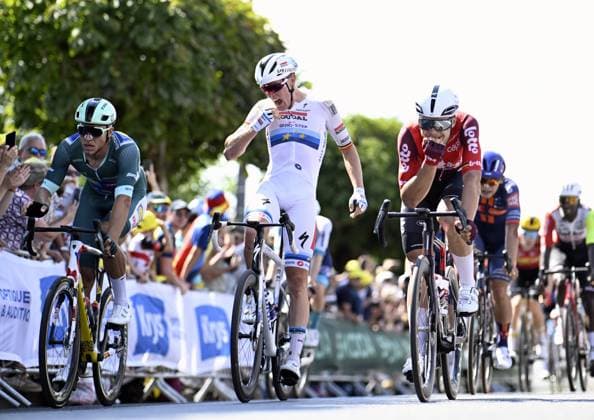 Italian Jonathan Milan of Lidl-Trek, Belgian Tim Merlier of Soudal Quick-Step and Belgian Arnaud De Lie of Lotto Cycling Team sprint for the finish of stage nine of the 2025 Tour de France cycling, from Chinon to Chateauroux (170 km), on Sunday 13 July 2025 in France. The 112th edition of the Tour de France starts on Saturday 5 July in Lille, France, and will finish in Paris, France on the 27th of July. JASPERxJACOBS  x129084083x