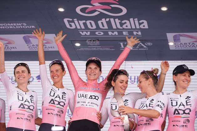 Longo Borghini Elisa and her team on the podium of 8th stage of the Giro d’Italia Women, from Forlì to Imola (Autodromo Enzo e Dino Ferrari), Italy Sunday, July 13, 2025. - cycling .  Copyright: xMarcoxAlpozzi LaPressex
