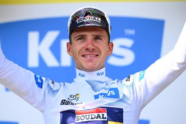 Tour de France 2025 Stage 9 CHATEAUROUX, FRANCE - JULY 13 : Evenepoel Remco (BEL) of Soudal Quick-Step pictured with the white jersey during the podium ceremony of stage 9 of the 112th edition of Tour de France an UCI World Tour 2.UWT cycling road race stage for Men Elite of 170 km with start in Chinon and finish in Chateauroux on July 13, 2025 in Chateauroux, France, 13 07 2025 ( Motordriver Kenny Verfaillie - Chateauroux France  Copyright: xVincentxKalutx