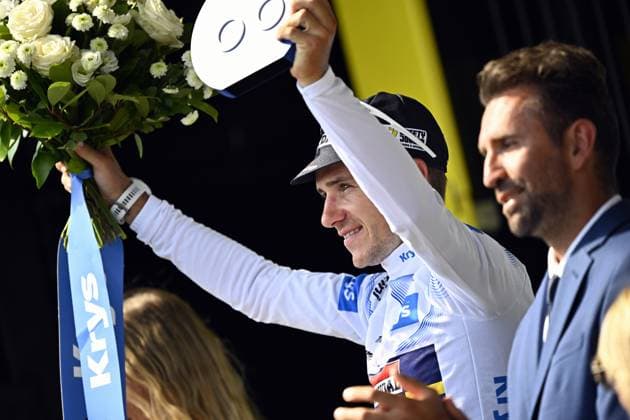 Belgian Remco Evenepoel of Soudal Quick-Step celebrates in the white jersey for best young rider after stage nine of the 2025 Tour de France cycling, from Chinon to Chateauroux (170 km), on Sunday 13 July 2025 in France. The 112th edition of the Tour de France starts on Saturday 5 July in Lille, France, and will finish in Paris, France on the 27th of July. JASPERxJACOBS  x129085638x