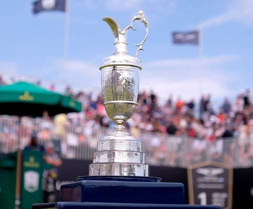 UK: The Genesis Scottish Open at The Renaissance Club, North Berwick, Scotland on 13 July 2025: Pictured: The Open Trophy - the Claret Jug - on the 1st tee during the final round of the Genesis Scottish Open 2025 at The Renaissance Club, North Berwick, Scotland North Berwick The Renaissance Club Scotland Copyright: xAlexxToddx