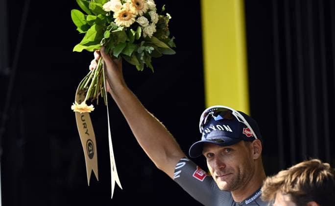 Belgian Jonas Rickaert of Alpecin-Deceuninck celebrates on the podium with the combativity award after stage nine of the 2025 Tour de France cycling, from Chinon to Chateauroux (170 km), on Sunday 13 July 2025 in France. The 112th edition of the Tour de France starts on Saturday 5 July in Lille, France, and will finish in Paris, France on the 27th of July. JASPERxJACOBS  x129085723x