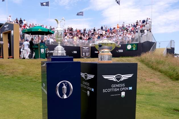 UK: The Genesis Scottish Open at The Renaissance Club, North Berwick, Scotland on 13 July 2025: Pictured: The Claret Jug and Scottish Open trophy were beside the 1st tee during the final round of the Genesis Scottish Open 2025 at The Renaissance Club, North Berwick, Scotland North Berwick The Renaissance Club Scotland Copyright: xAlexxToddx