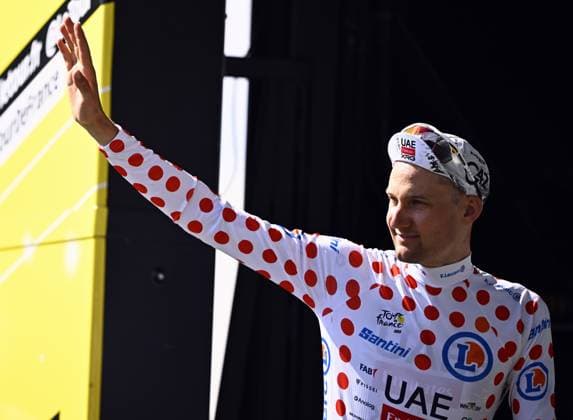 Belgian Tim Wellens of UAE Team Emirates celebrates in the red polka-dot jersey for best climber after stage nine of the 2025 Tour de France cycling, from Chinon to Chateauroux (170 km), on Sunday 13 July 2025 in France. The 112th edition of the Tour de France starts on Saturday 5 July in Lille, France, and will finish in Paris, France on the 27th of July. JASPERxJACOBS  x129086491x
