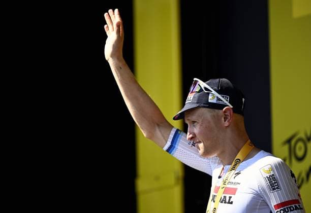 Belgian Tim Merlier of Soudal Quick-Step celebrates on the podium after winning stage nine of the 2025 Tour de France cycling, from Chinon to Chateauroux (170 km), on Sunday 13 July 2025 in France. The 112th edition of the Tour de France starts on Saturday 5 July in Lille, France, and will finish in Paris, France on the 27th of July. JASPERxJACOBS  x129086971x