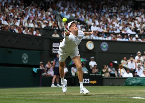 13th July 2025; All England Lawn Tennis and Croquet Club, London, England; Wimbledon Tennis Tournament, Day 14; Jannik Sinner (ITA) with a forehand shot to Carlos Alcaraz (ESP) , mens singles final match  ActionPlus12813415 JohnxPatrickxFletcher