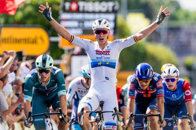 Belgian Tim Merlier of Soudal Quick-Step celebrates as he crosses the finish line to win stage nine of the 2025 Tour de France cycling, from Chinon to Chateauroux (170 km), on Sunday 13 July 2025 in France. The 112th edition of the Tour de France starts on Saturday 5 July in Lille, France, and will finish in Paris, France on the 27th of July. JASPERxJACOBS  x129091599x