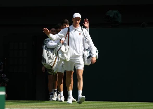 13th July 2025; All England Lawn Tennis and Croquet Club, London, England; Wimbledon Tennis Tournament, Day 14; Jannik Sinner (ITA) and Carlos Alcaraz (ESP) coming out onto court in the mens singles final  ActionPlus12813425 JohnxPatrickxFletcher