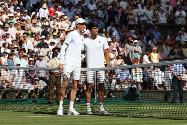 13th July 2025; All England Lawn Tennis and Croquet Club, London, England; Wimbledon Tennis Tournament, Day 14; annik Sinner (ITA) and Carlos Alcaraz (ESP) pose together before playing the final in the mens singles final  ActionPlus12813428 JohnxPatrickxFletcher