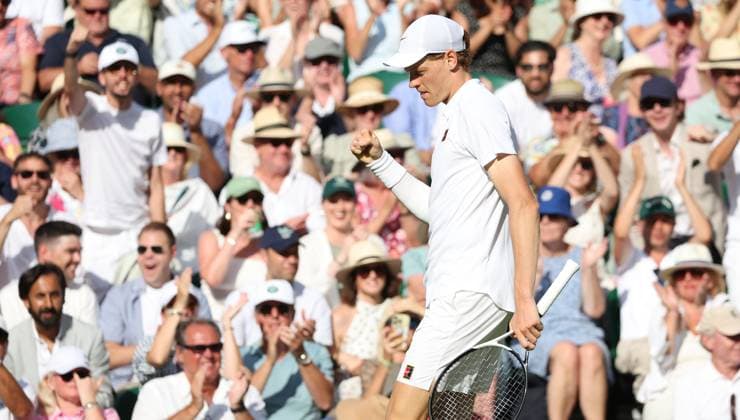 Italian Jannik Sinner reacts during the Wimbledon Men s Singles Final against Spain s Carlos Alcaraz on day fourteen of the 2025 Wimbledon Championships in London on Sunday, July 13, 2025.  LON2025071330 HUGOxPHILPOTT