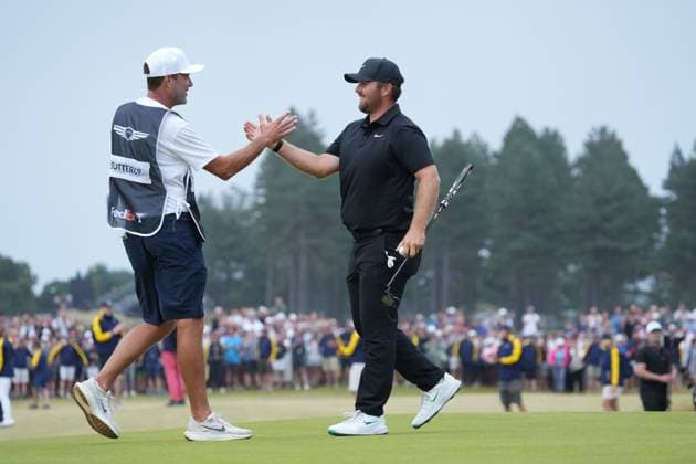 Chris Gotterup (USA) celebrates with his caddie Brady Stockton after making the winning putt on the 18th green to finish 15 under par during the 4th Round of the Genesis Scottish Open Golf Championship. Genesis Scottish Open, Day 4, Golf, Renaissance Club, North Berwick, Scotland, UK - 13 Jul 2025North Berwick Scotland United Kingdom EDITORIAL USE ONLY No use with unauthorised audio, video, data, fixture lists, club league logos or live services. Online in-match use limited to 120 images, no video emulation. No use in betting, games or single club league player publications. Copyright: xStuartxWallace Shutterstockx 15393030bc