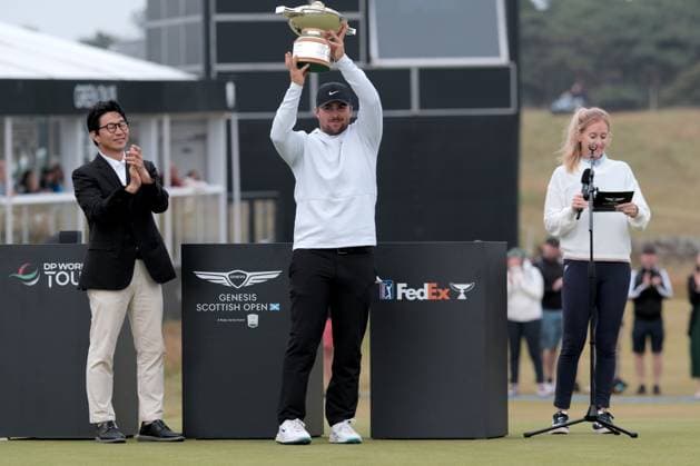 UK: The Genesis Scottish Open at The Renaissance Club, North Berwick, Scotland on 13 July 2025: Pictured: Champion Chris Gotterup (USA) with the Genesis Scottish Open 2025 trophy North Berwick The Renaissance Club Scotland Copyright: xAlexxToddx