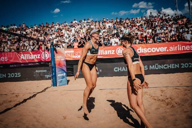 Beach volleyball women Allianz German Beach Tour 2025 Tourstop Munich 13 07 2025 f l Melanie Paul and Lea Kunst cheer after winning the tournament Munich Central University Sports Munich Bavaria Germany