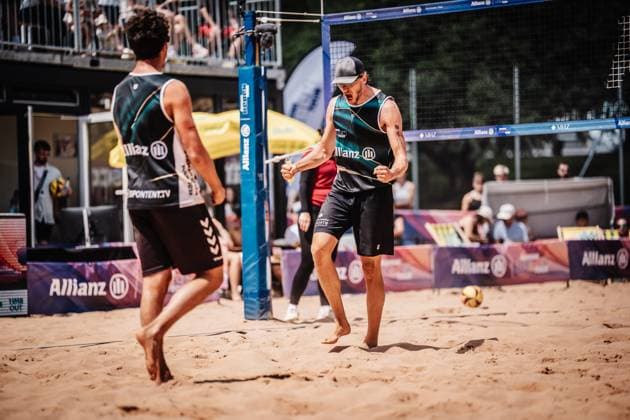 Beach volleyball men Allianz German Beach Tour 2025 Tourstop Munich 13 07 2025 v l Lui Wüst and Paul Henning cheer Munich Central University Sports Munich Bavaria Germany