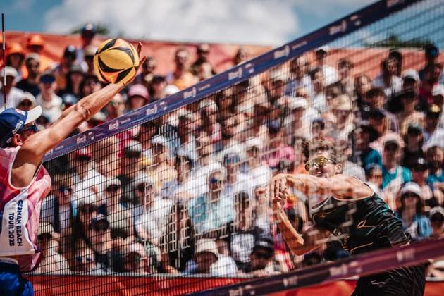 Beach volleyball men Allianz German Beach Tour 2025 Tourstop Munich 13 07 2025 right Lui Wüst attacking left Momme Lorenz Munich Central University Sports Munich Bavaria Germany