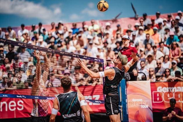 Beach volleyball men Allianz German Beach Tour 2025 Tourstop Munich 13 07 2025 Benedikt Sagstetter at the attack Munich Central University Sports Munich Bavaria Germany