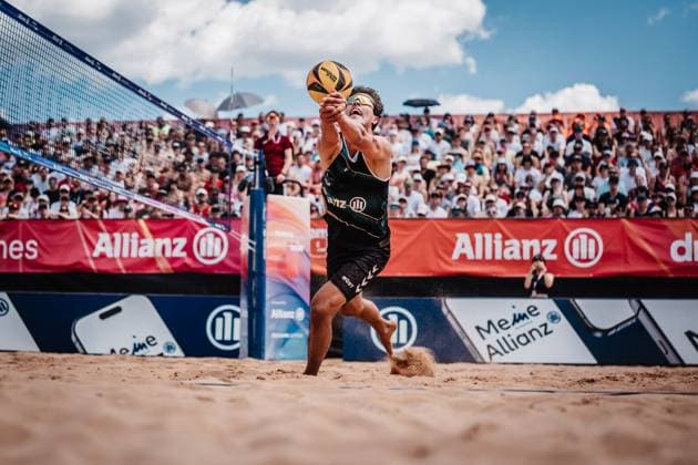 Beach volleyball men Allianz German Beach Tour 2025 Tourstop Munich 13 07 2025 Lui Wüst plays the ball Munich Central University Sports Munich Bavaria Germany
