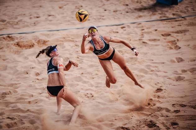 Beach volleyball women Allianz German Beach Tour 2025 Tourstop Munich 13 07 2025 from l Lea Kunst and Melanie Paul defending Munich Central University Sports Munich Bavaria Germany