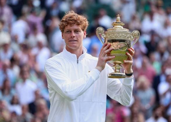Winner Jannik Sinner with cup, trophy, award ceremony, presentation, final, final, men s singles, men s singles tennis Wimbledon 2021 Grand Slam ITF ATP WTA AELTC London Great Britain 13 July 2025 Copyright: xJuergenxHasenkopfx